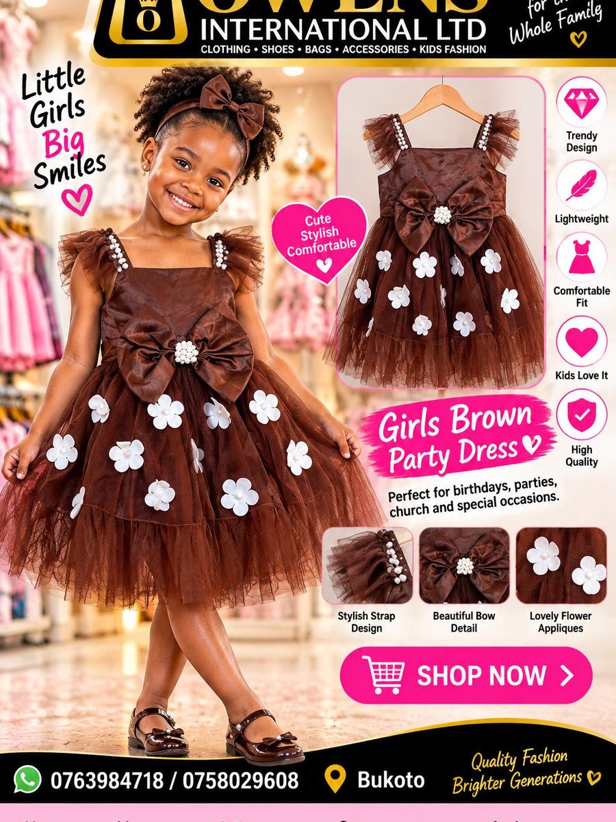 Girls Brown Flower Dress — Kids Clothes at Owens International