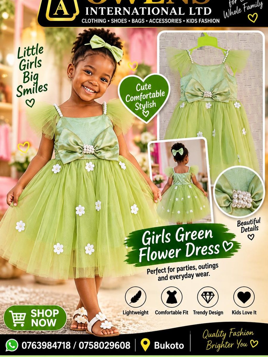 Girls Green Flower Dress — Kids Clothes at Owens International