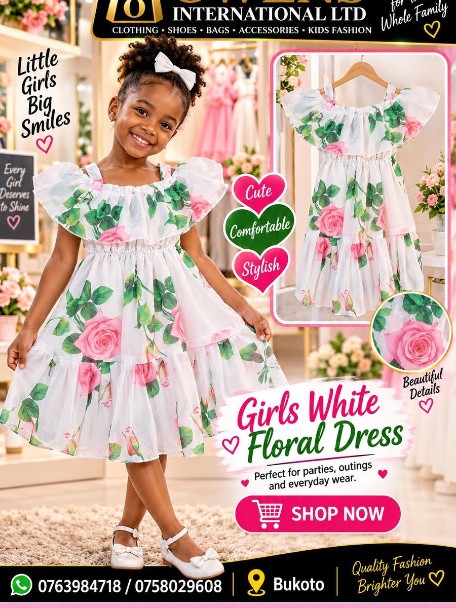 Girls White Rose Dress — Kids Clothes at Owens International