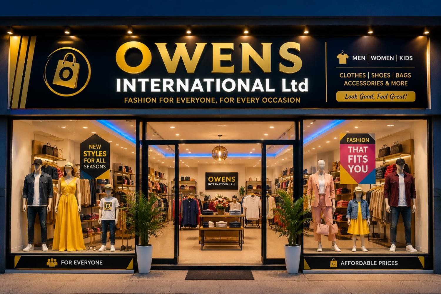 Owens International Limited shop front — clothes, shoes and bags for men, women and kids